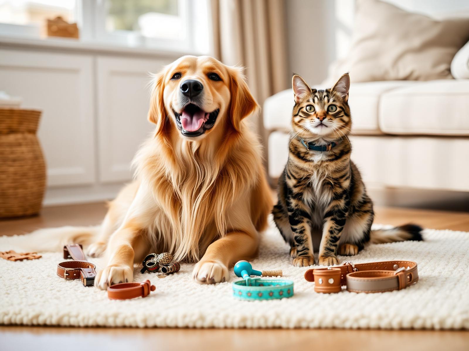 A golden retriever and a tabby cat with pet accessories